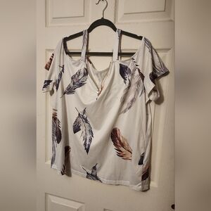 SHEIN Feather Print Short Sleeve Top - White and Brown